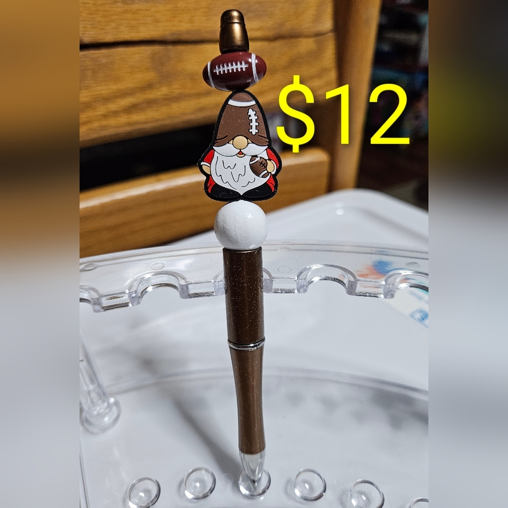 Handmade Gnome Football Themed Pen, With Colors Of Brown and White Pen
